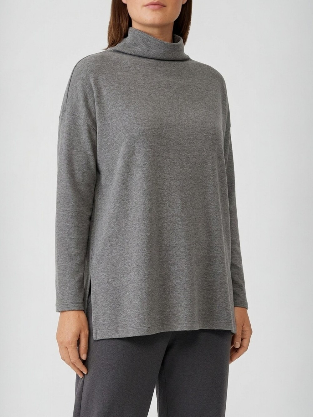 Eileen Fisher Cozy Brushed Terry Funnel Neck Tunic Gray Relaxed Top USA L